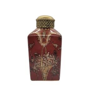 Dominic Red Ceramic Floral Tea Caddy Jar with Brass Lattice Lid Gold Gilt 7.5"